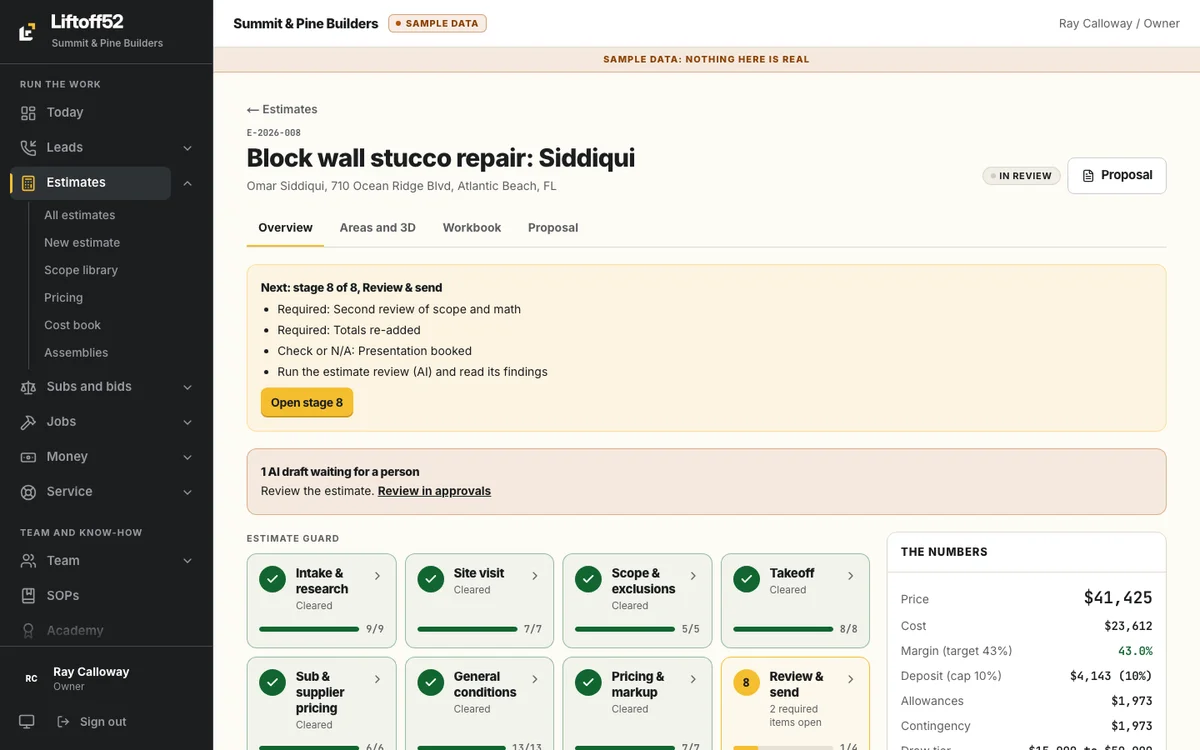 Liftoff52 estimate workspace on a desktop: eight Estimate Guard stages, seven cleared, with price, cost, margin against target and deposit cap. Sample data.