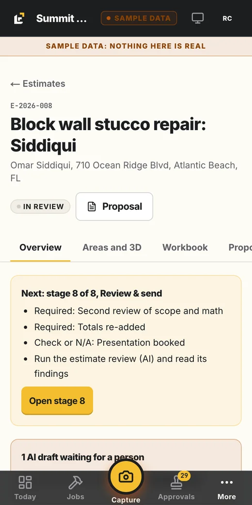Liftoff52 estimate on a phone: the next stage, review and send, with its required items. Sample data.