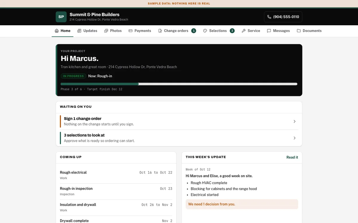 Liftoff52 homeowner portal on a desktop: project status, what is waiting on the homeowner, coming up, and this week's update. Sample data.