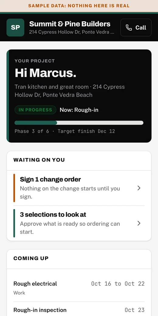 Liftoff52 homeowner portal on a phone: hi Marcus, the job in progress, and what is waiting on you. Sample data.