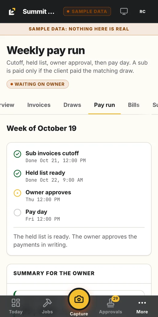 Liftoff52 money overview on a phone: approve this week's sub payments, with bills on hold. Sample data.