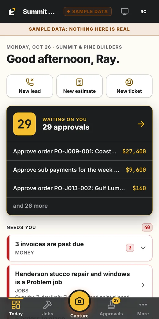 Liftoff52 Today screen on a phone: good morning, approvals waiting, and what needs attention. Sample data.