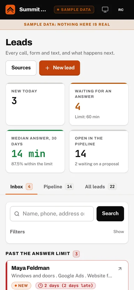 Sample screen. Owner phone: the Leads board
