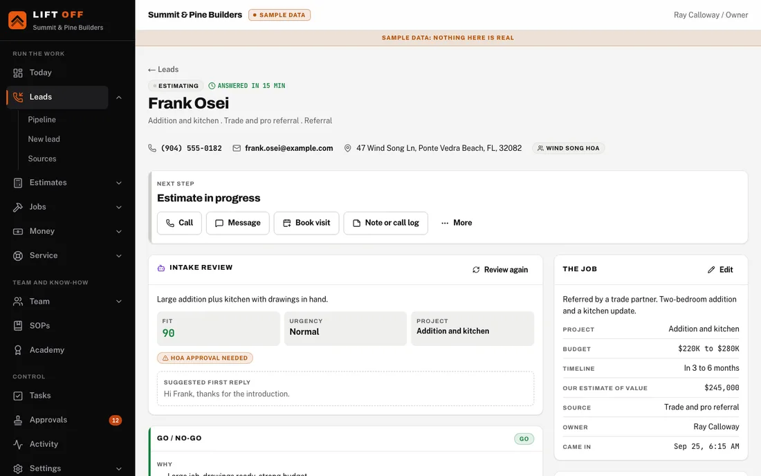 Sample screen. Team desktop: the lead record, with Book visit and the next step