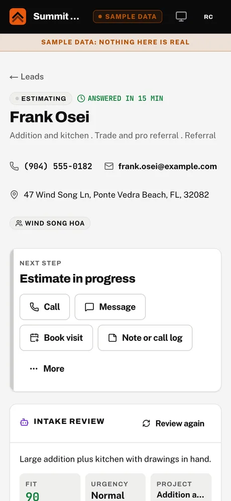 Sample screen. Owner phone: one lead, with its next step
