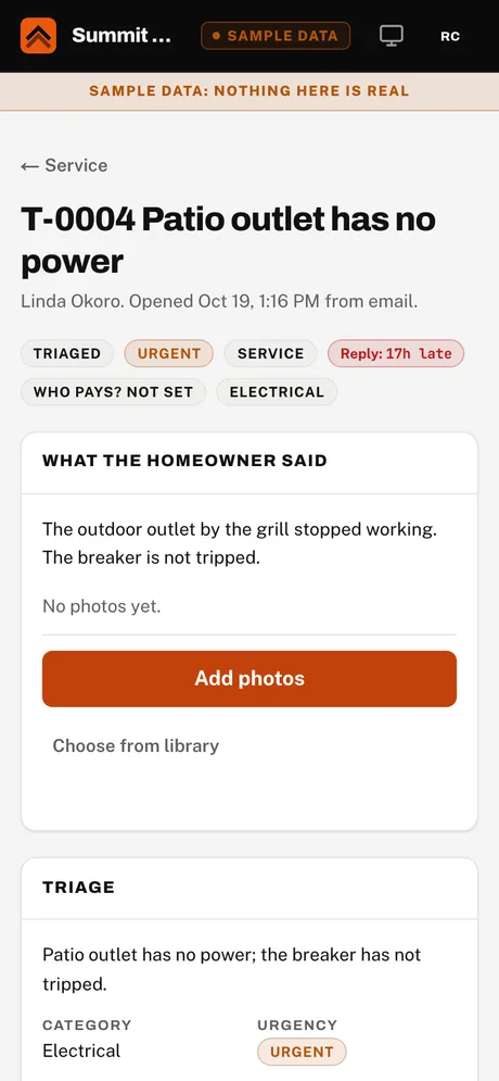 Sample screen. Owner phone: a service ticket