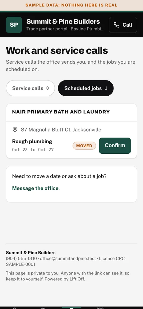 Sample screen. Trade partner phone: assigned work and service calls