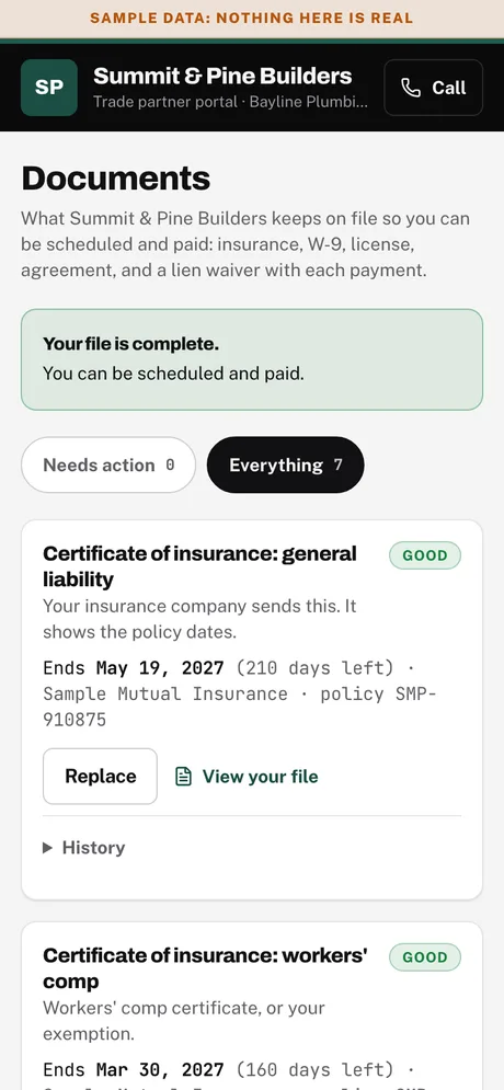Sample screen. Trade partner phone: their documents on file